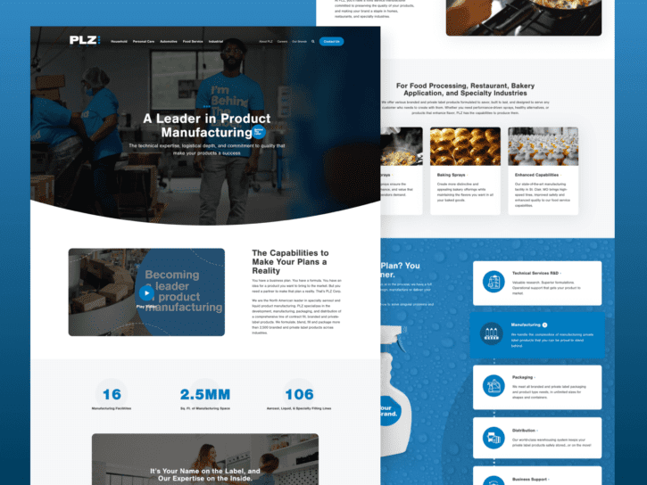 Two desktop views for the PLZ Corporation website design.