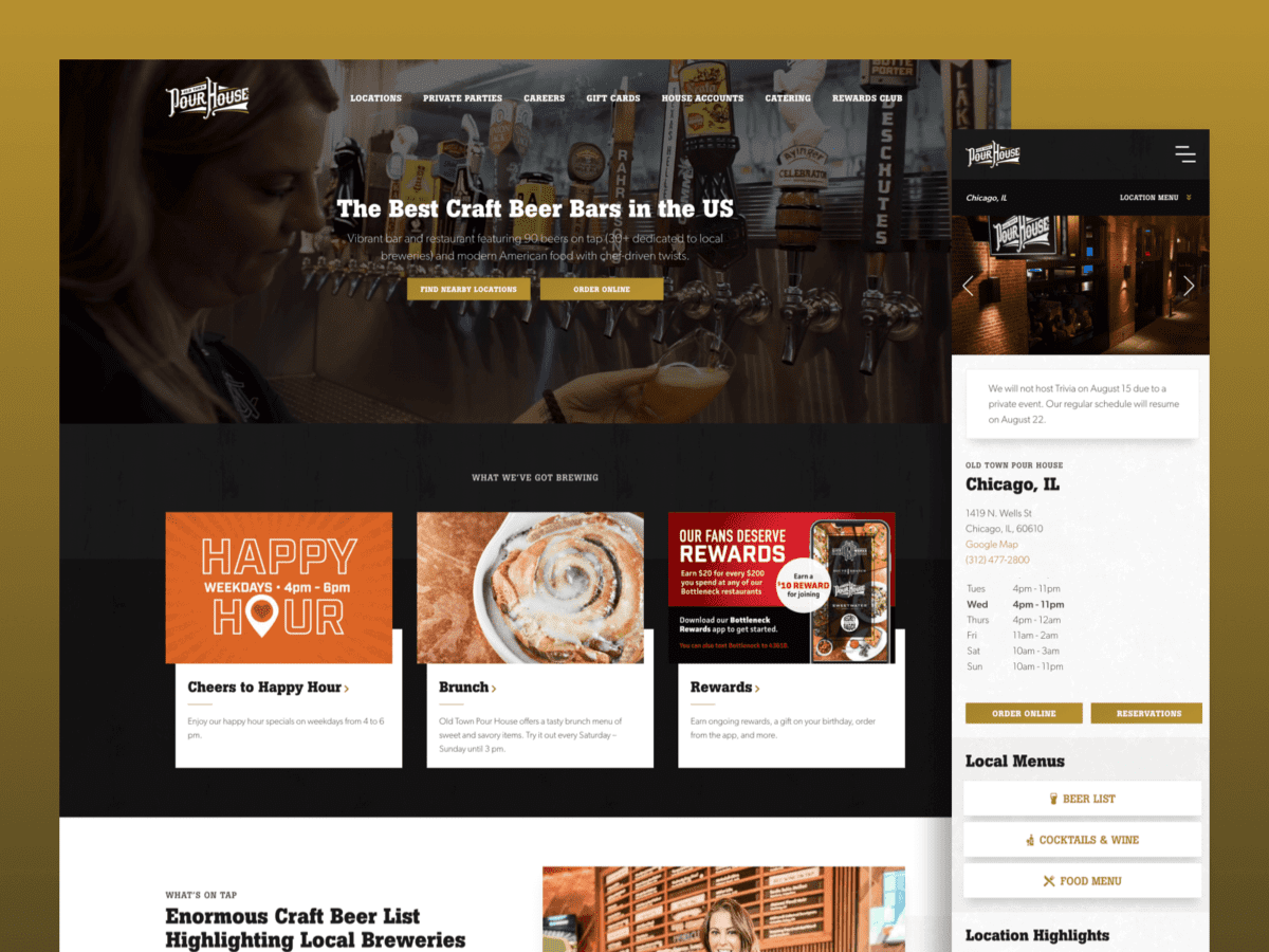 One desktop and one mobile design for the Old Town Pour House website.