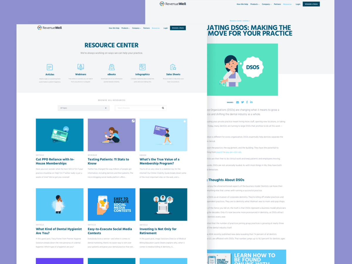 Two desktop views for the Revenue Well resource center website design.