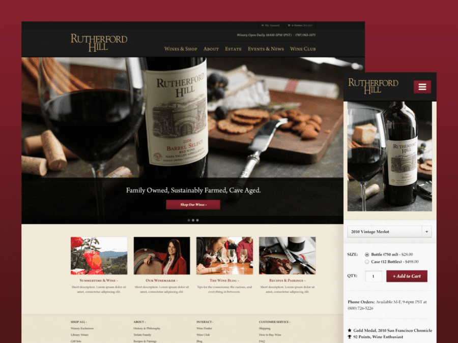 One desktop-sized screenshot, and one mobile-sized screenshot of the Rutherford Hill Wines Shop and website.