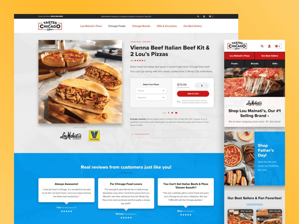 One desktop and one mobile design for the Tastes of Chicago shopping website.