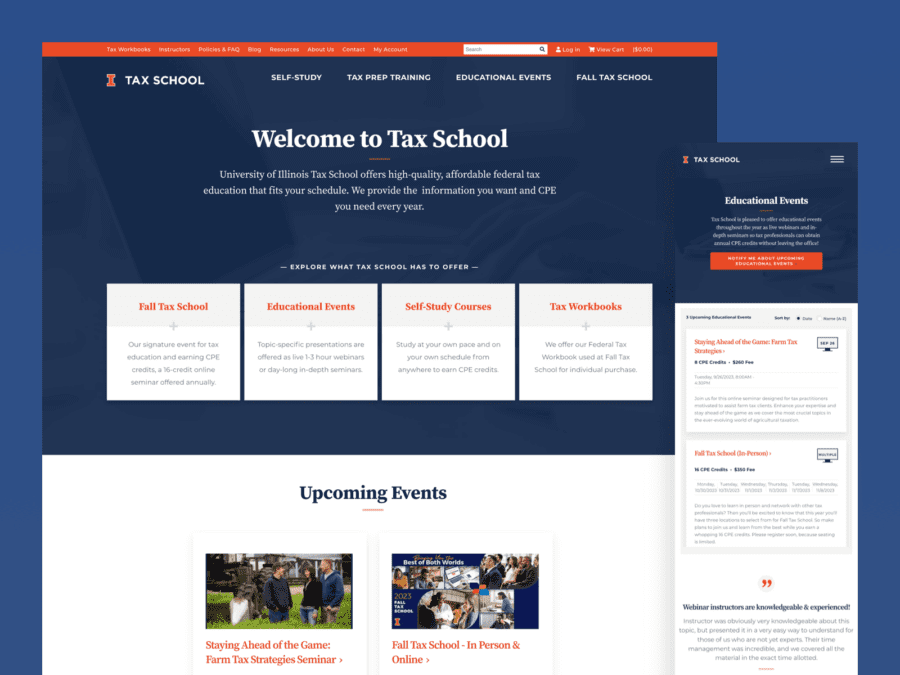 One desktop-sized screenshot, and one mobile-sized screenshot of the University of Illinois Tax School website.