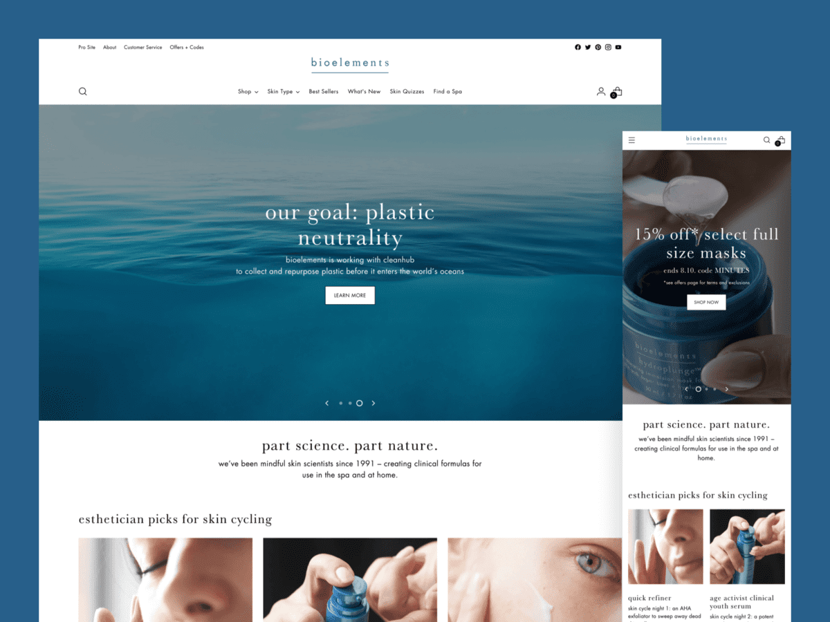 One desktop and one mobile design for the Bioelements website.