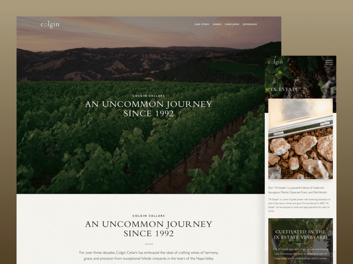 One desktop and one mobile design for the Colgin Cellars website.