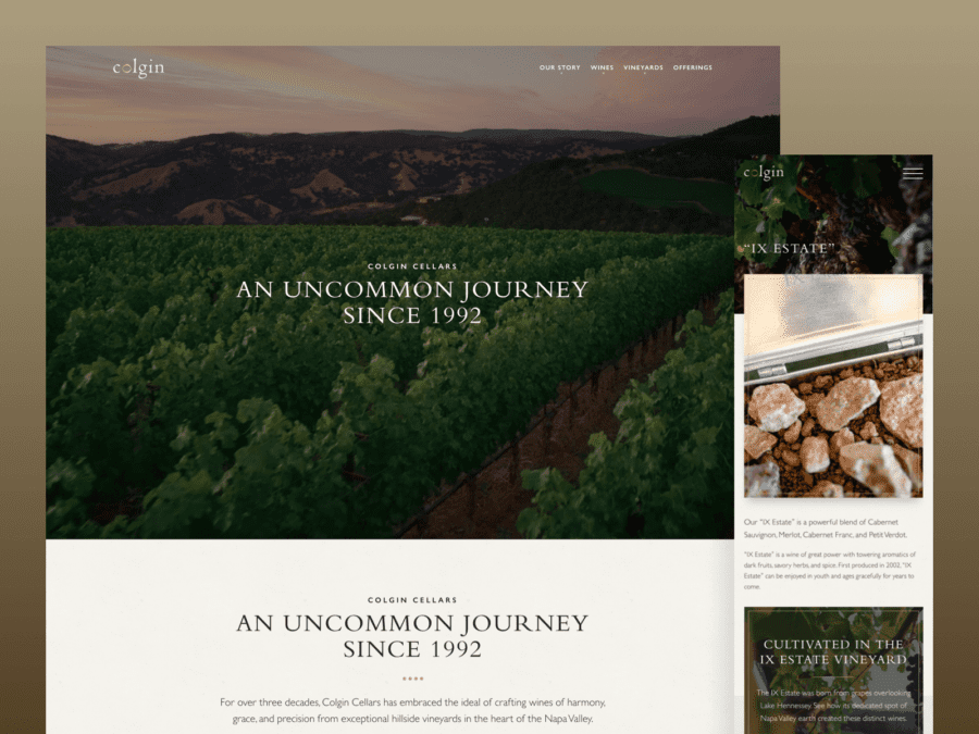 One desktop and one mobile design for the Colgin Cellars website.