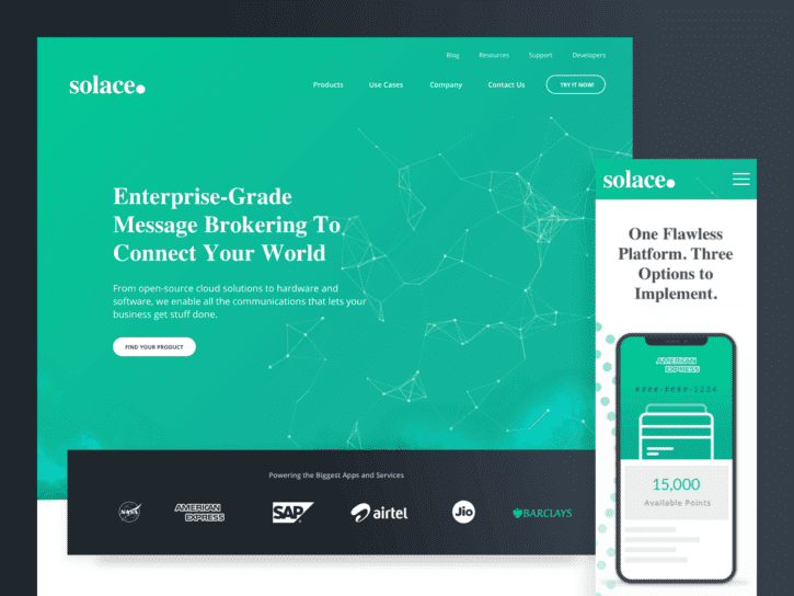 One desktop and one mobile design for the Solace Message Brokering website.