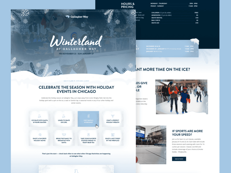 Two desktop views for the Winterland at Gallagher Way website design.