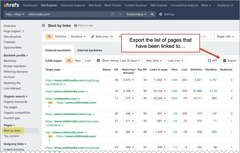 Screenshot of ahrefs dashboard highlighting the feature to export a list of target urls that have linked to specific pages.