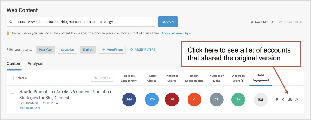 Screenshot of a web analytics dashboard showing engagement metrics for an article, with an arrow pointing to a link for viewing accounts that shared the original version.