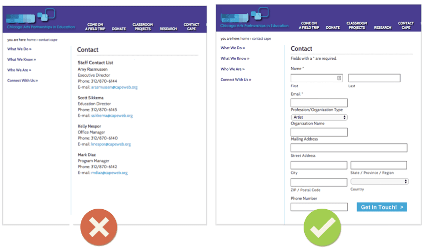 A screenshot of a contact page with email links vs a form