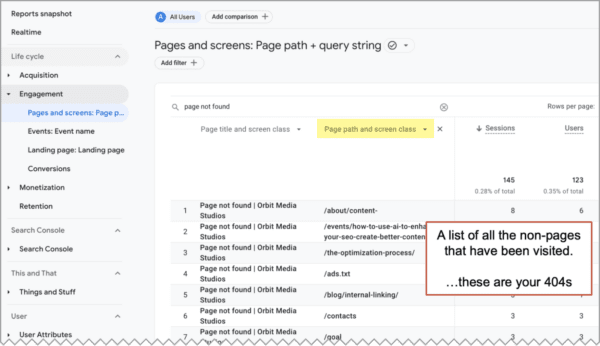 ga4 report showing a list of page not founds
