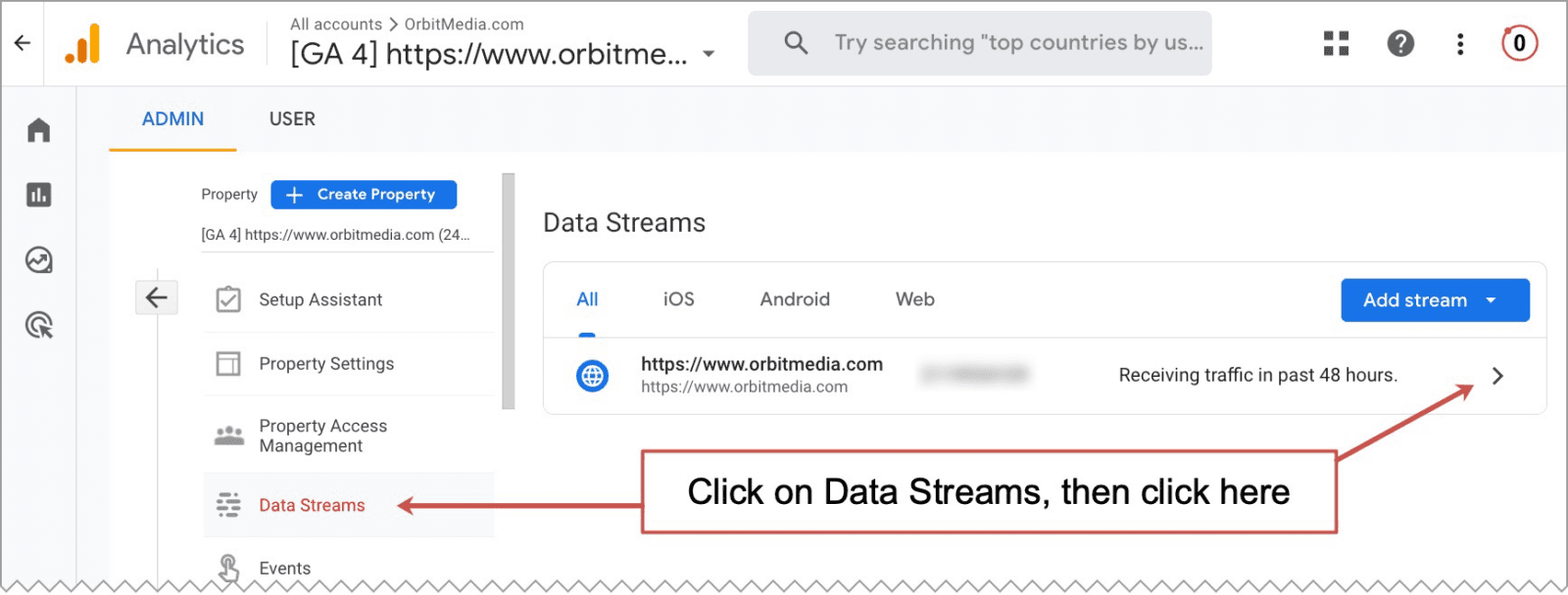 screenshot of where to find data stream in GA4