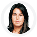 A woman with long hair in a white circle.