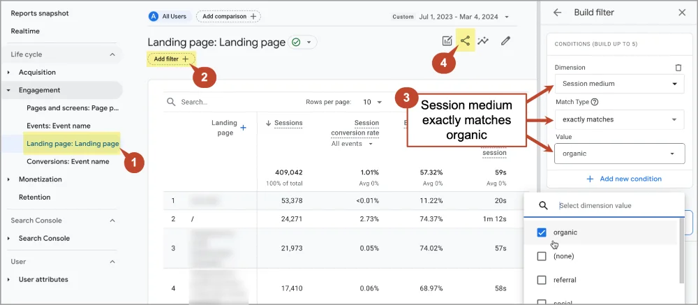 Screenshot of google analytics interface highlighting steps to filter landing page sessions by organic search medium.