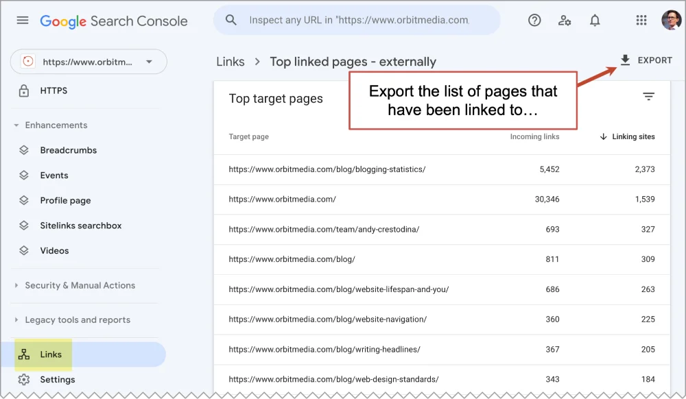 Screenshot of google search console's links page 