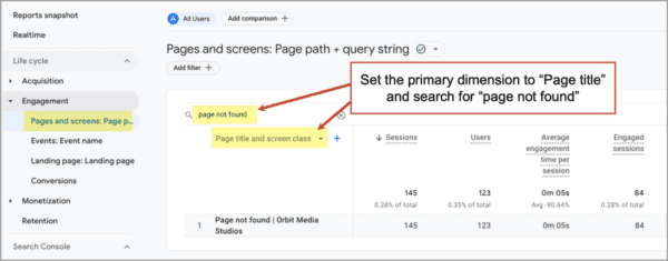 ga4 report showing pages and screens report