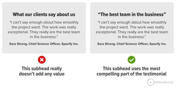 Subheads in testimonials