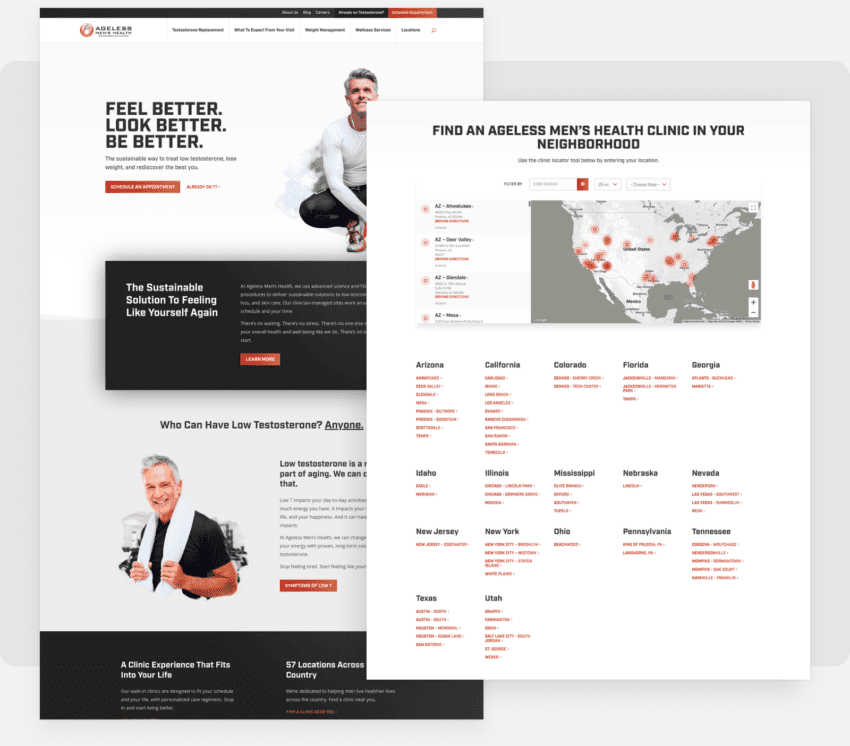 Two screenshots of Ageless Mens Health website