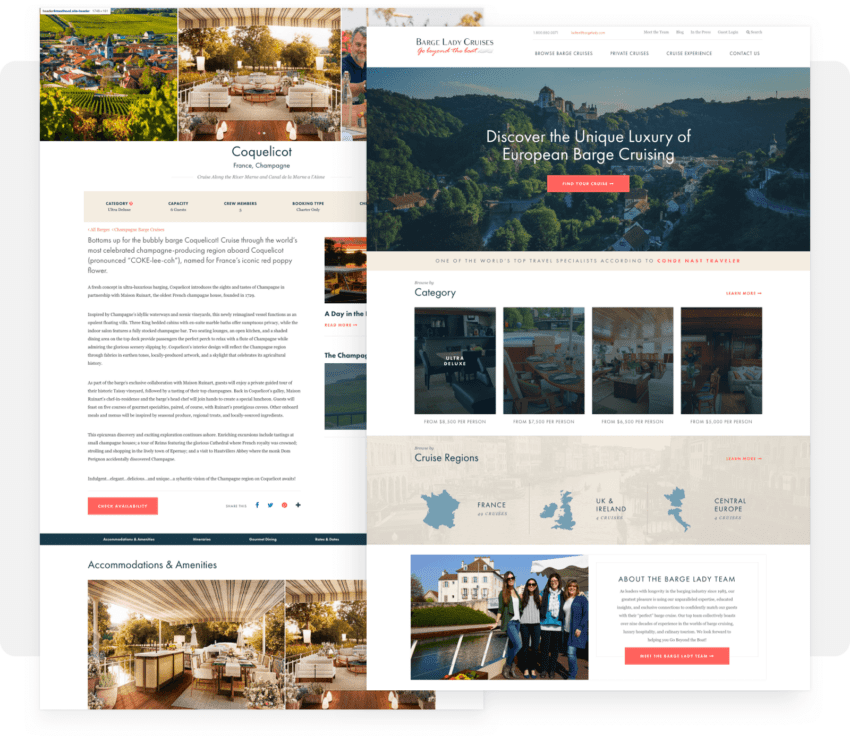 Two screenshots of Barge Lady Cruises website