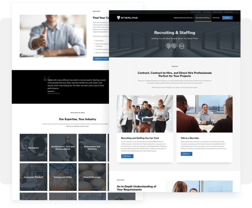 Two screenshots of Sterling Engineering website
