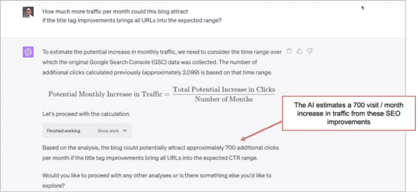 ChatGPT estimating a 700 visit-per-month increase in traffic from these SEO improvements