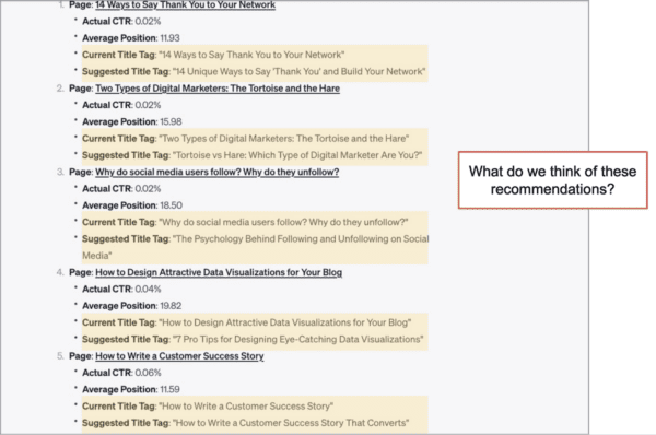 ChatGPT generated title tag updates with the blurb "What do we think of these recommendations?"