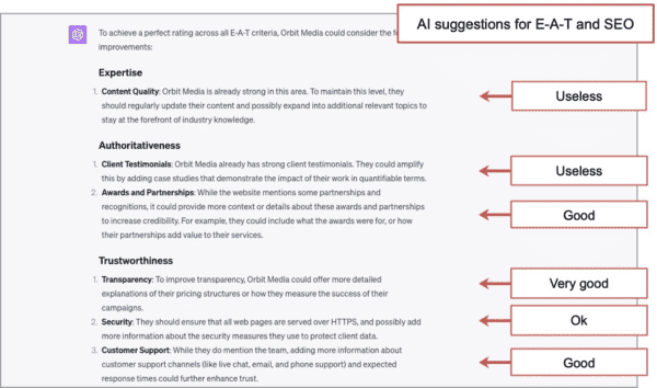 A Screenshot from ChatGPT indicating which results are helpful and which are not.