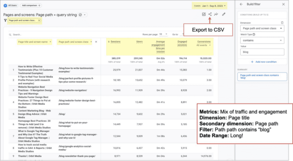 A screenshot indicating where to export the Pages and Screens report in GA4