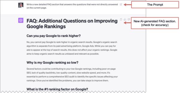 ChatGPT written FAQ answers based on the "People Also Ask" section of Google that were not directly answers on the page.