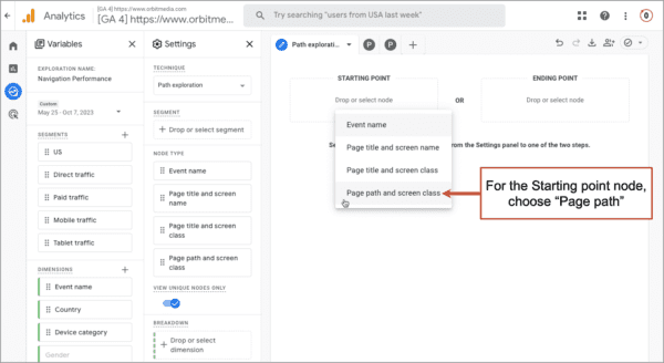 For the starting point node, choose "Page path"