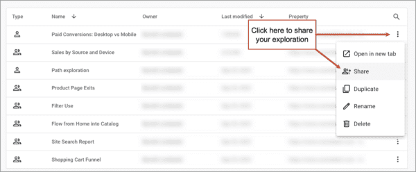 A GA4 screenshot showing where to click to share your exploration