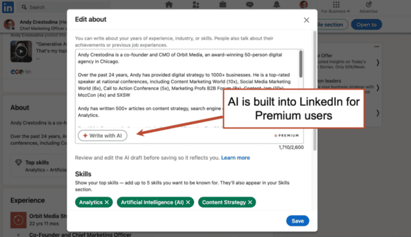 AI built into LinkedIn for premium users screenshot of where the button is
