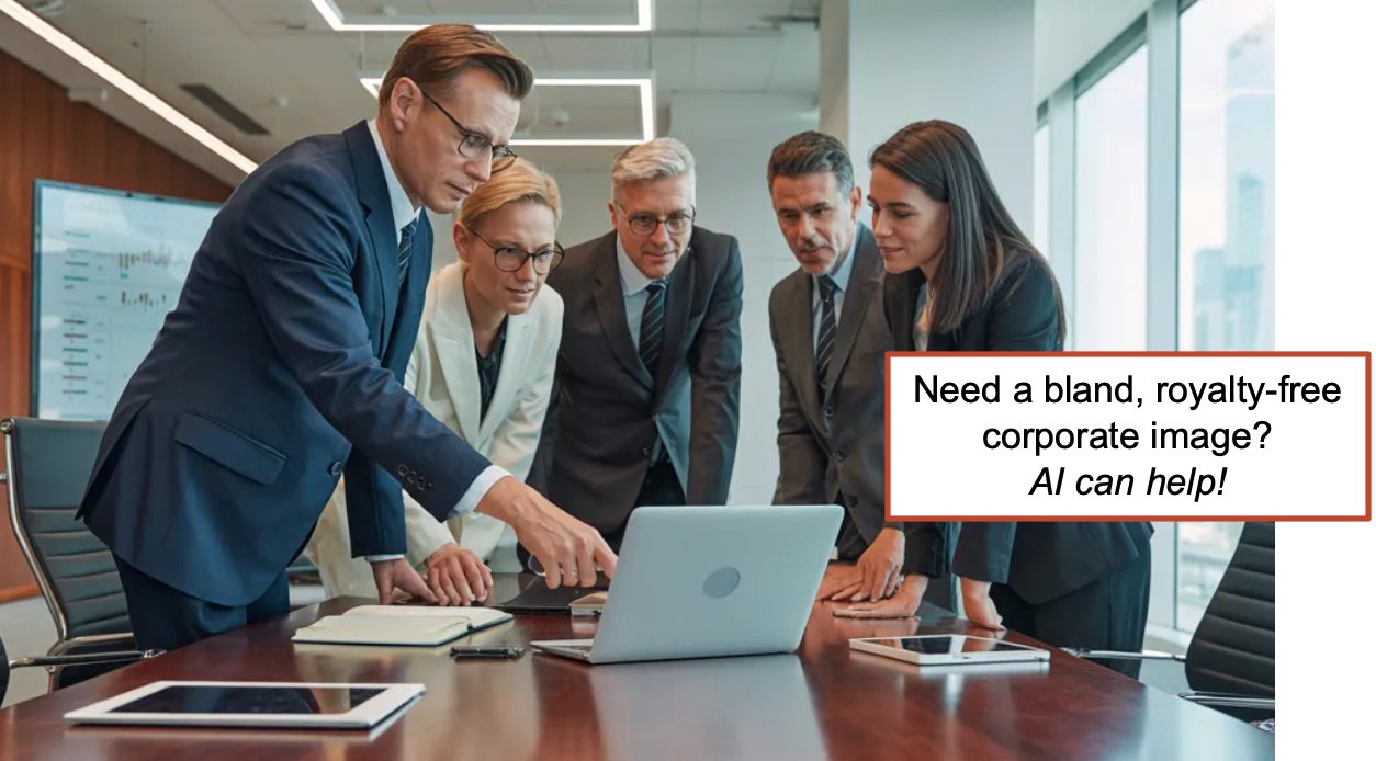 Five business professionals in formal attire gather around a conference table, looking at a laptop. A text box says, "Need a bland, royalty-free corporate image? AI can help!.