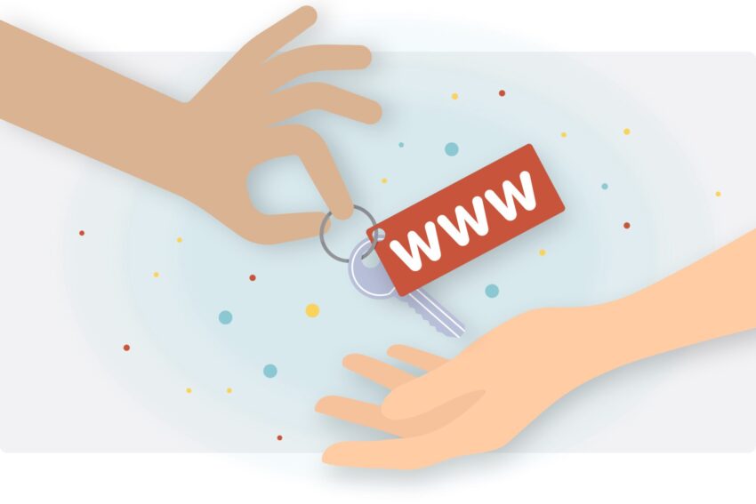 A person handing a key to another person with the word www on it.