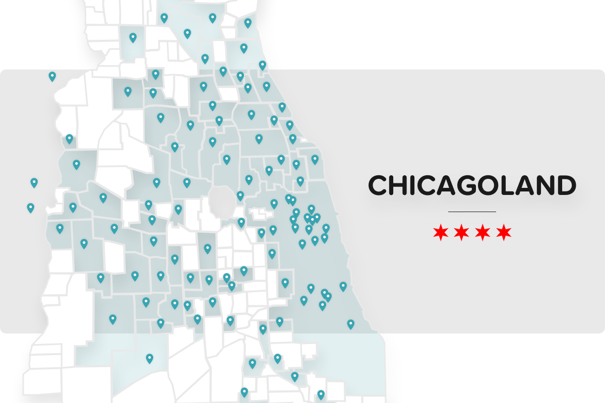 Map highlighting the chicagoland area with pinpointed locations and the chicago flag.