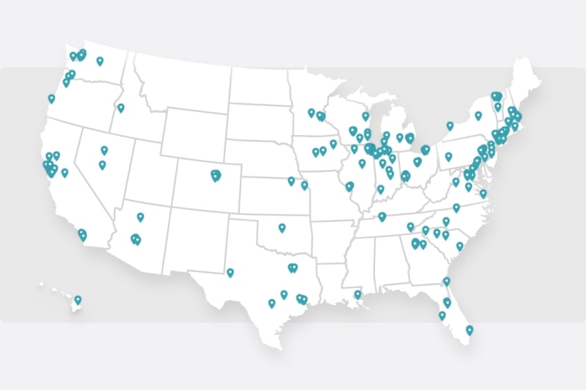 Map of the united states highlighting various locations with blue markers.
