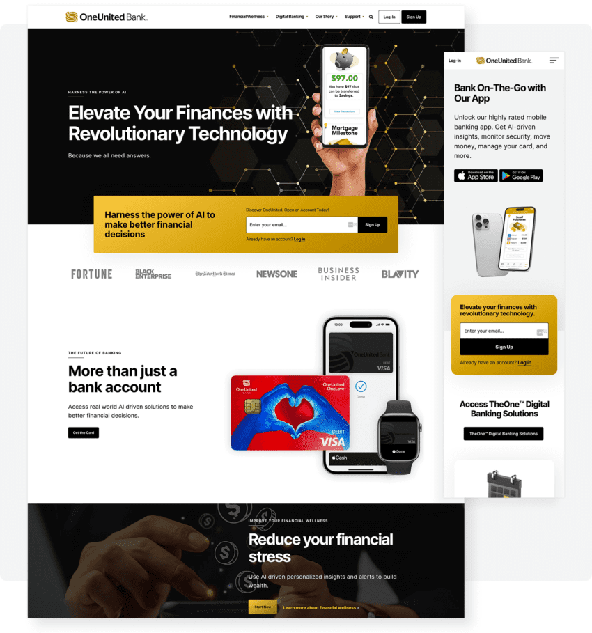 A promotional webpage for a fintech company called 'oneunited bank' highlighting their mobile banking app, advanced technology, and various media features, with images of smartphones displaying the app’s interface.