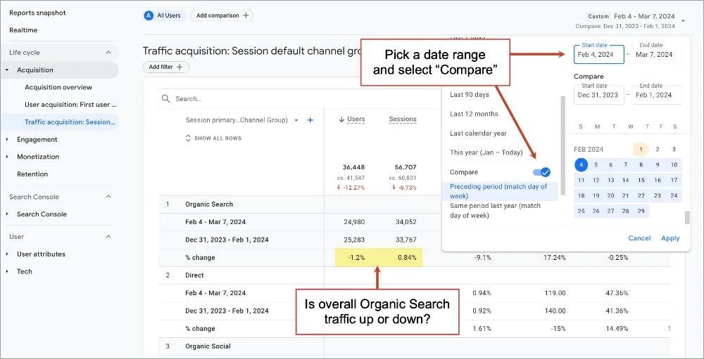 Analyzing web traffic data: comparing organic search session metrics over selected date ranges in an analytics dashboard.