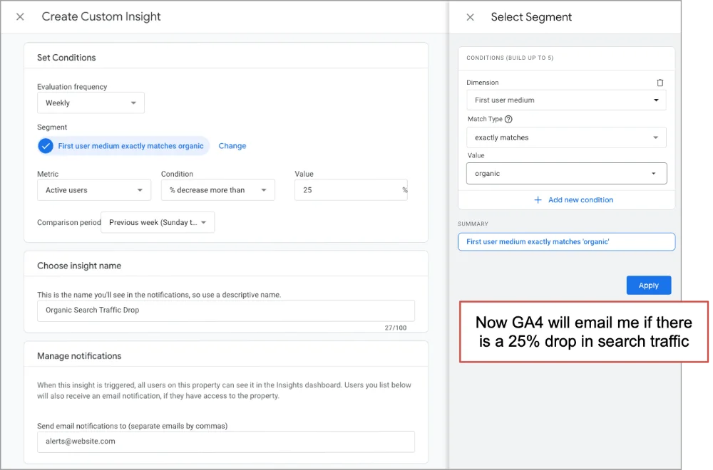 Screenshot of google analytics 4 interface showing configuration of a custom insight for a 25% drop in search traffic notification.