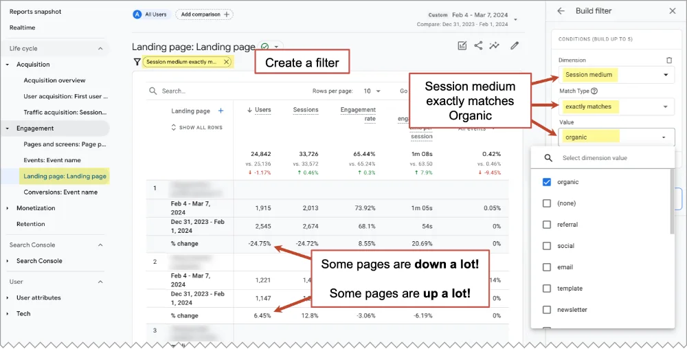 Screenshot of a computer screen displaying web analytics, with annotations highlighting increases and decreases in page views, and a focus on the session medium filter set to 'organic'.