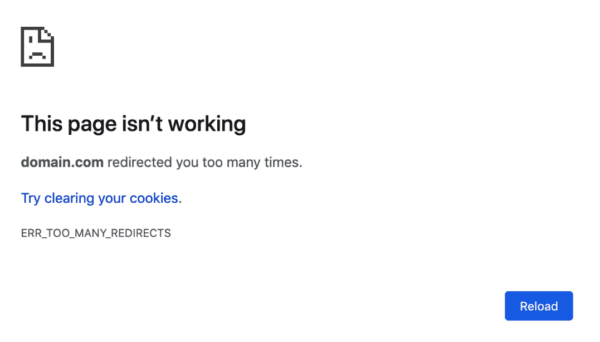 Screenshot of a browser error message indicating that the webpage isn't working due to too many redirects, with a suggestion to clear cookies.