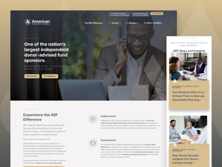 Website screenshot of american executive financial, featuring navigation tabs, a main image of a man on a phone call, and various sections for news and services.