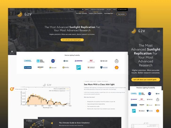 A screenshot of the g2v optics website, showcasing solar simulation technology and research tools.