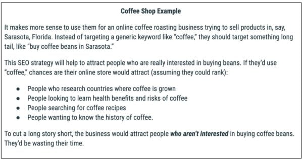 A screenshot of a text passage discussing SEO strategies for a coffee shop, emphasizing targeting specific keyword searches to attract interested buyers.