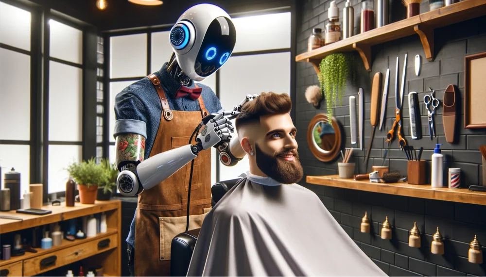 A robot barber providing a haircut to a smiling man in a modern barber shop.