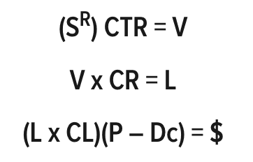 Mathematical equations featuring variables such as s^r, ctr, v, cr, l, cl, p, and dc, arranged in three separate lines.