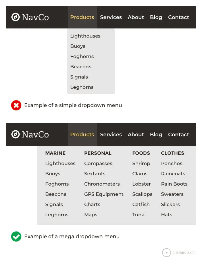 Two website menu designs labeled "navco". top menu with basic tabs and a dropdown example. 