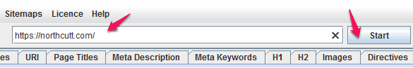 Screenshot of a web browser tab displaying a url, with arrows pointing to a "start" button and the browser's close icon.