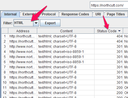 Screenshot of an seo tool displaying url response statuses, including "404 not found", highlighted by arrows pointing at key features.