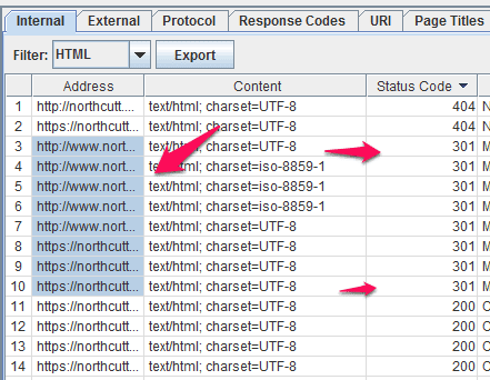 Screenshot of a web crawler tool showing a list of urls with their content types and status codes highlighted with arrows indicating specific entries.